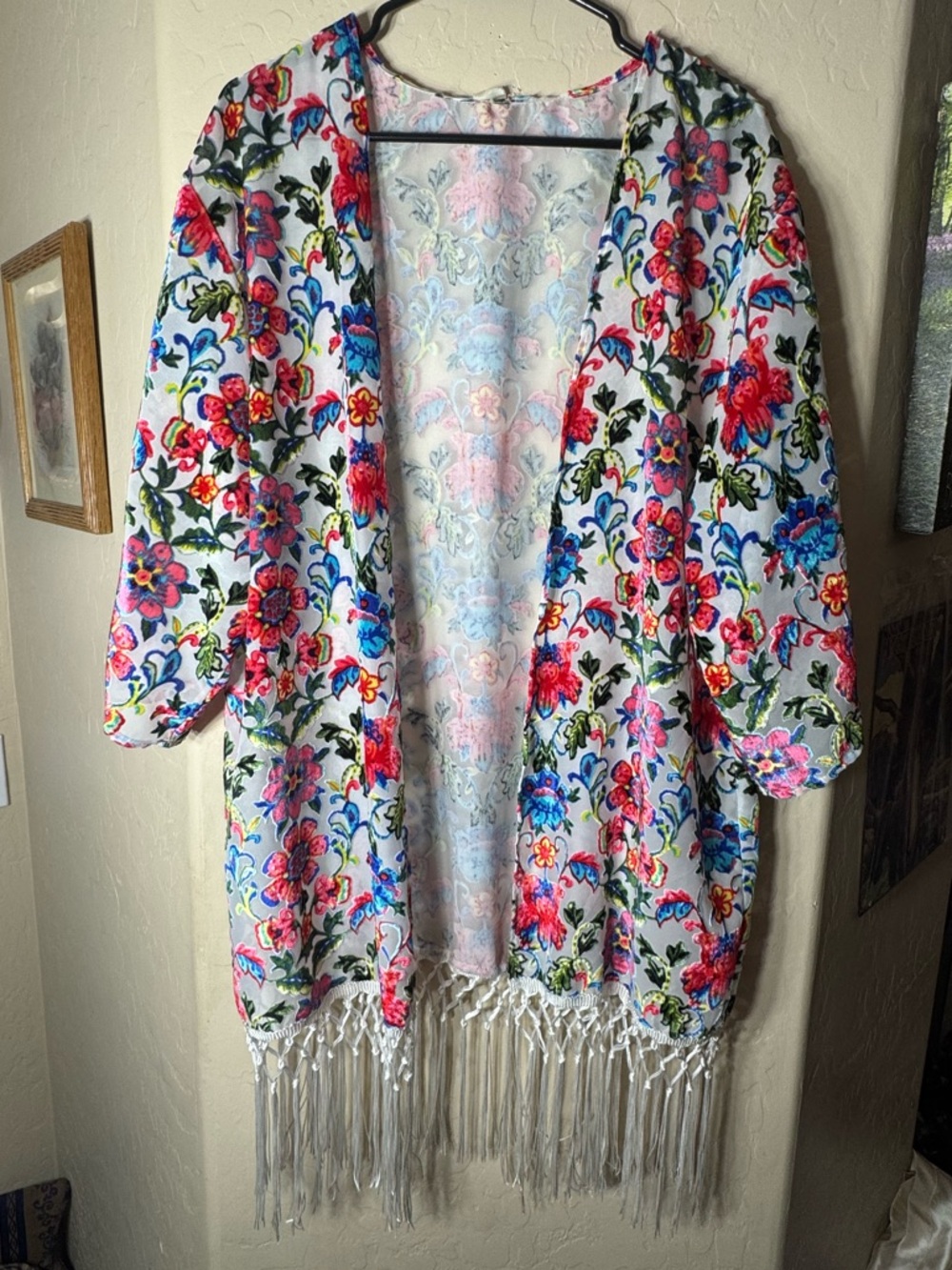 Japna Lounge Floral Velvet Burnout Fringe Kimono Cover Up Boho Festival M